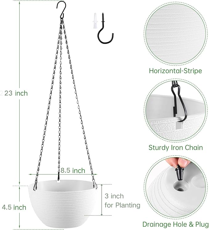 Set of 2 8 Inch Self Watering Hanging Planters for Indoor Outdoor Plants, Light Textured Hanging Baskets Flower Pots with Drainage Hole & Plug and 20" Chain Hanger