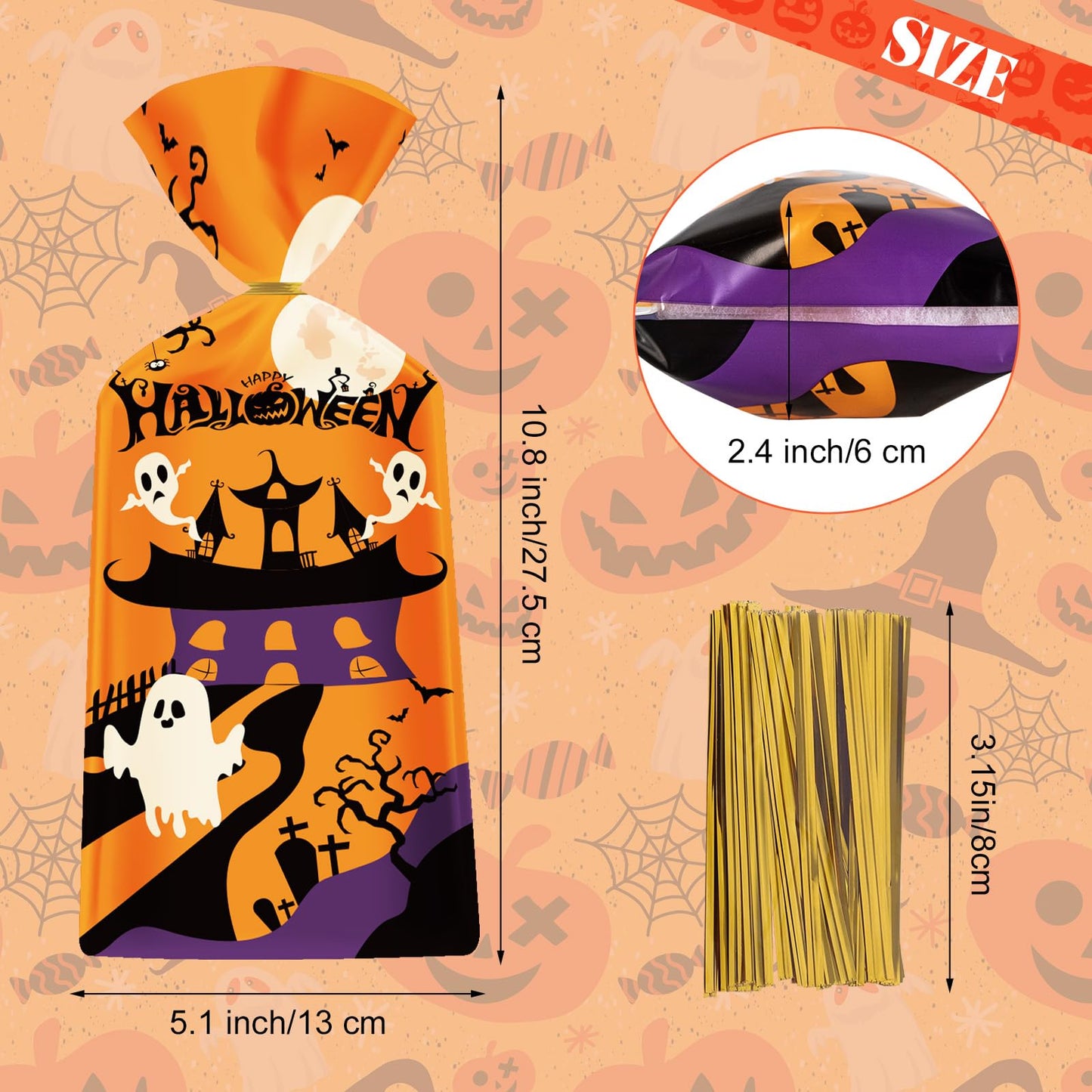 50 Pack Halloween Treat Bags - Plastic Halloween Goodie Bags, Happy Halloweens Candy Bag, Trick or Treat Snack Gift Cellophane Bags with Twist Ties for Kids Hallowen Party Birthday Supplies Favors