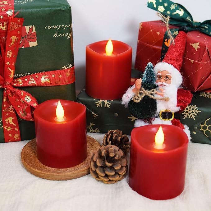 3" x 3" Red Flameless Candles - LED Pillar with Remote, Timer, Flickering, 600+ Hour Battery Life, Ideal for Christmas, Halloween, and Indoor Decor 3"*3"-3pcs