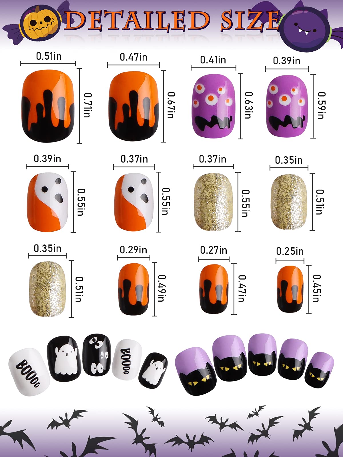 Kalolary 144 PCS Halloween Kids False Nails, Press On Children Nails kids Full Cover Short Fake Fingernail Kit, Halloween kids Fake Nails with Skull Bat Ghost Pattern for Girls Nail Art Decoration