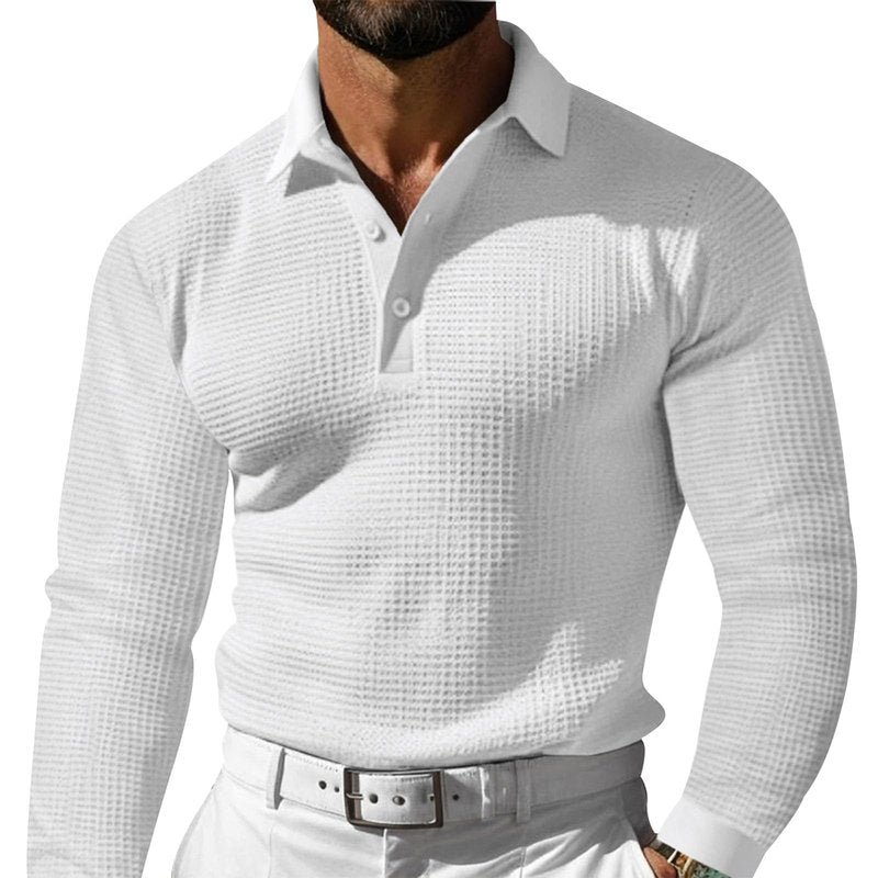 Men's Solid Color Shirts Buttons Lapel Blouses Long Sleeve Leisure Shirt Golf Tops Slim Casual Collared T Shirts White M