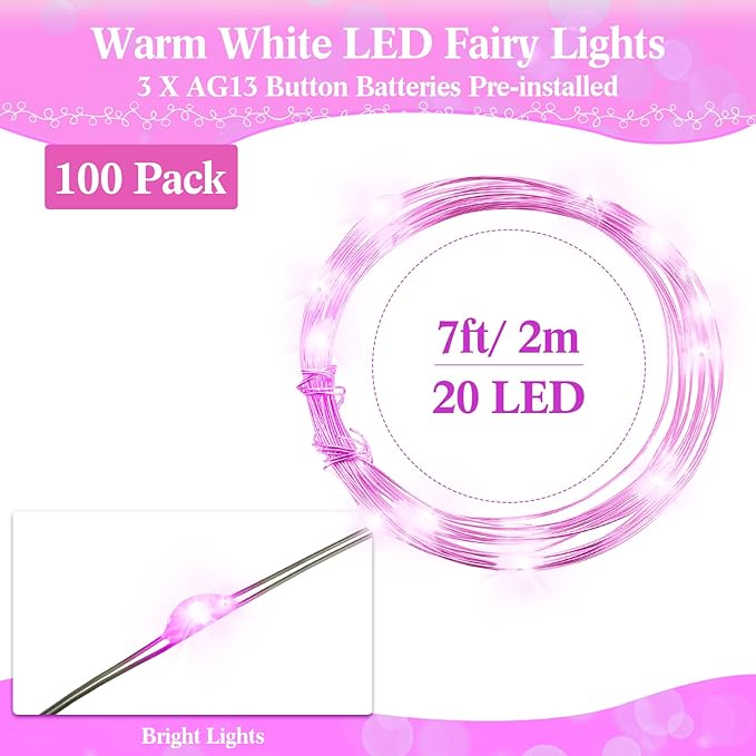 Hortsun 100 Packs Fairy Lights Battery Operated 3 Speed Modes, 7 Ft/ 2 M 20 LED Battery String Mini Waterproof Wire Twinkle Lights Bulk for Wedding Party Birthday Vases (Pink Light)