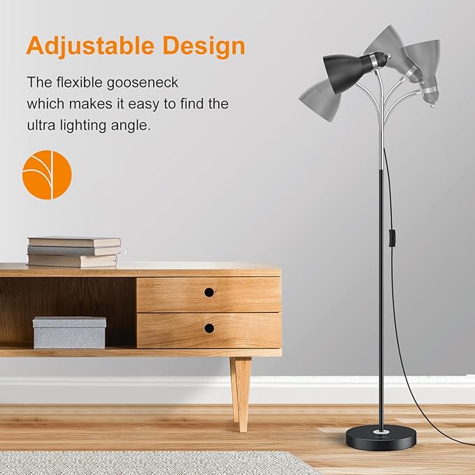 LEPOWER Floor Lamp, Metal Standing Lamp with Adjustable Gooseneck, Heavy Metal Base, Reading Pole Lamp for Office, Black Floor Lamps for Bedroom, Living Room