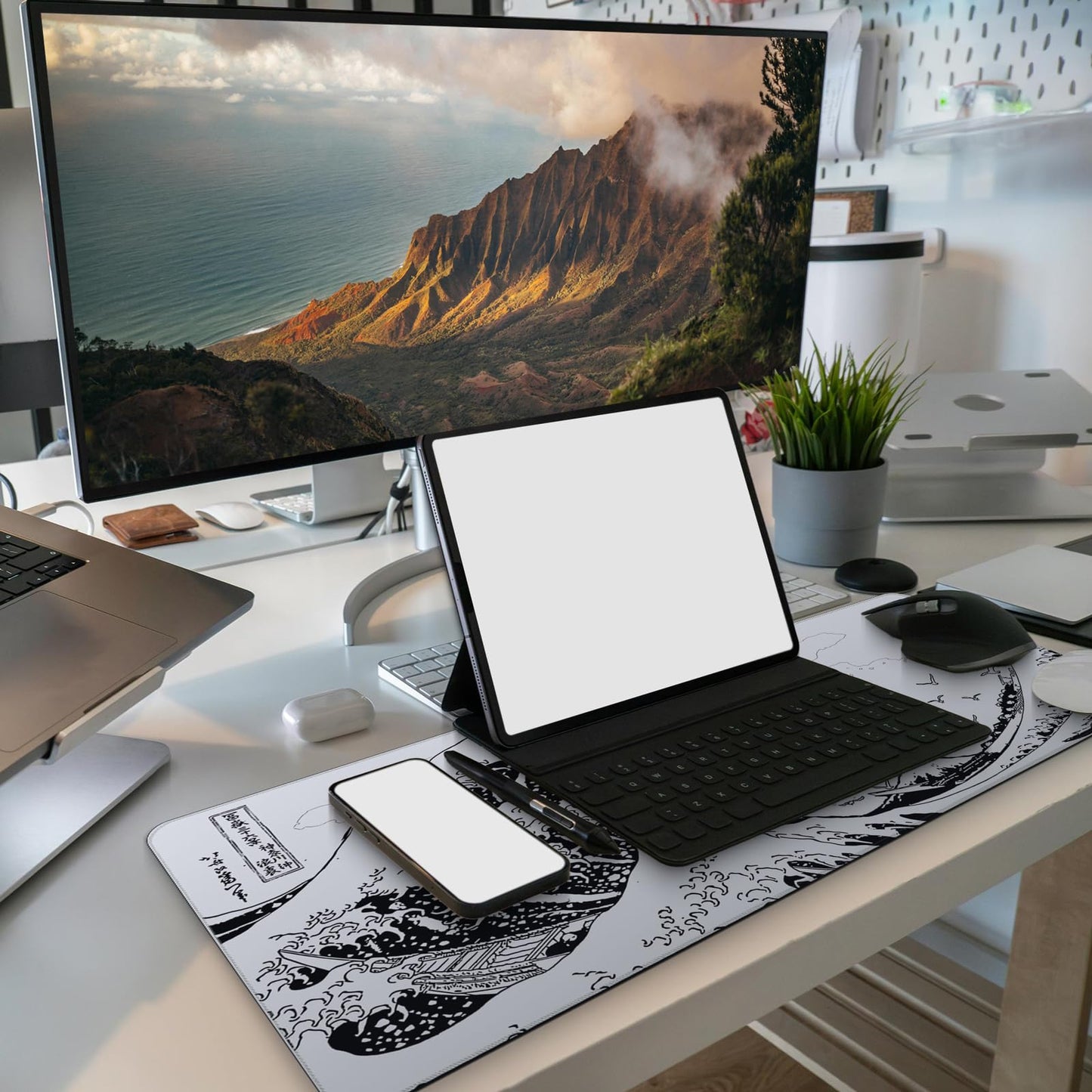 BLITZPAW Long Gaming Mouse Pad 31.5 x 11.8 inches, Extended Anime Mousepad, Large Mouse Mat with Non-Slip Base, Full Keyboard Mat with Stitched Edges for Gaming and Office (Grey White Wave)