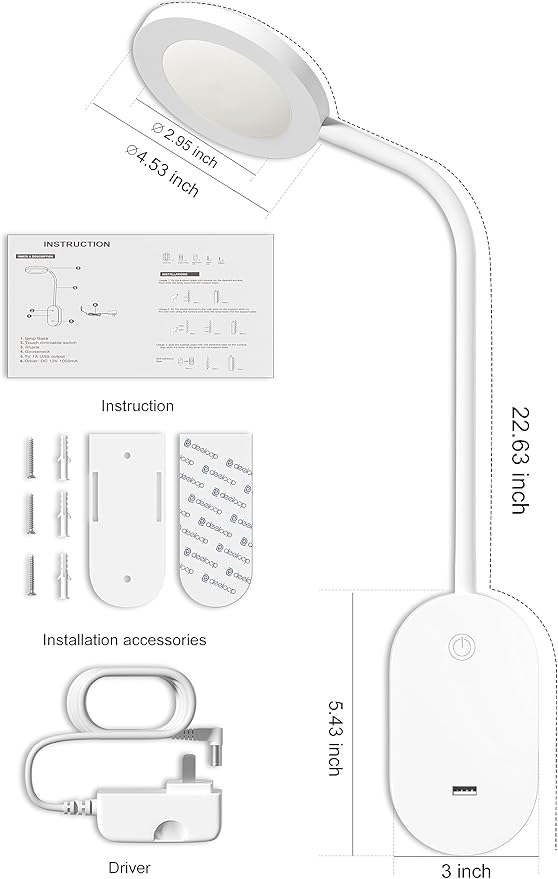 deeloop Wall Mounted Reading Light,Book Lights with USB Output, Reading Lamps for Bed Headboard in 4 Hours Auto-Off, Touch Control Wall Lamp with 5 Dimmable Flexible Gooseneck Bedside Lamps White
