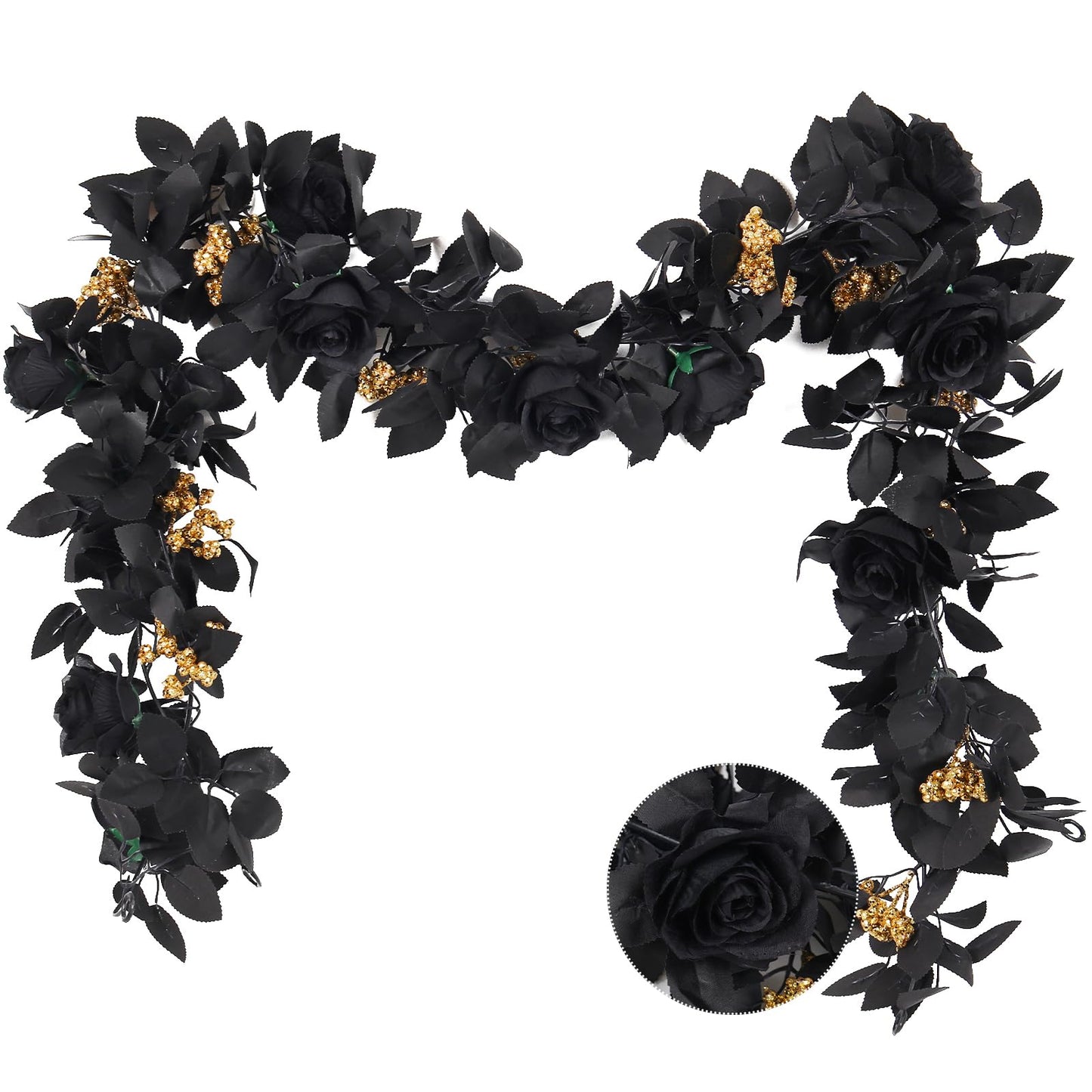 RECUTMS 5.9Ft Black Artificial Roses Flower Garland Fake Halloween Hanging Silk Floral Vines Fall Leaf Wreath for Gothic Halloween Decor Autumn Party Table Centerpiece Home Decor