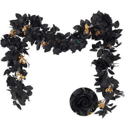 RECUTMS 5.9Ft Black Artificial Roses Flower Garland Fake Halloween Hanging Silk Floral Vines Fall Leaf Wreath for Gothic Halloween Decor Autumn Party Table Centerpiece Home Decor