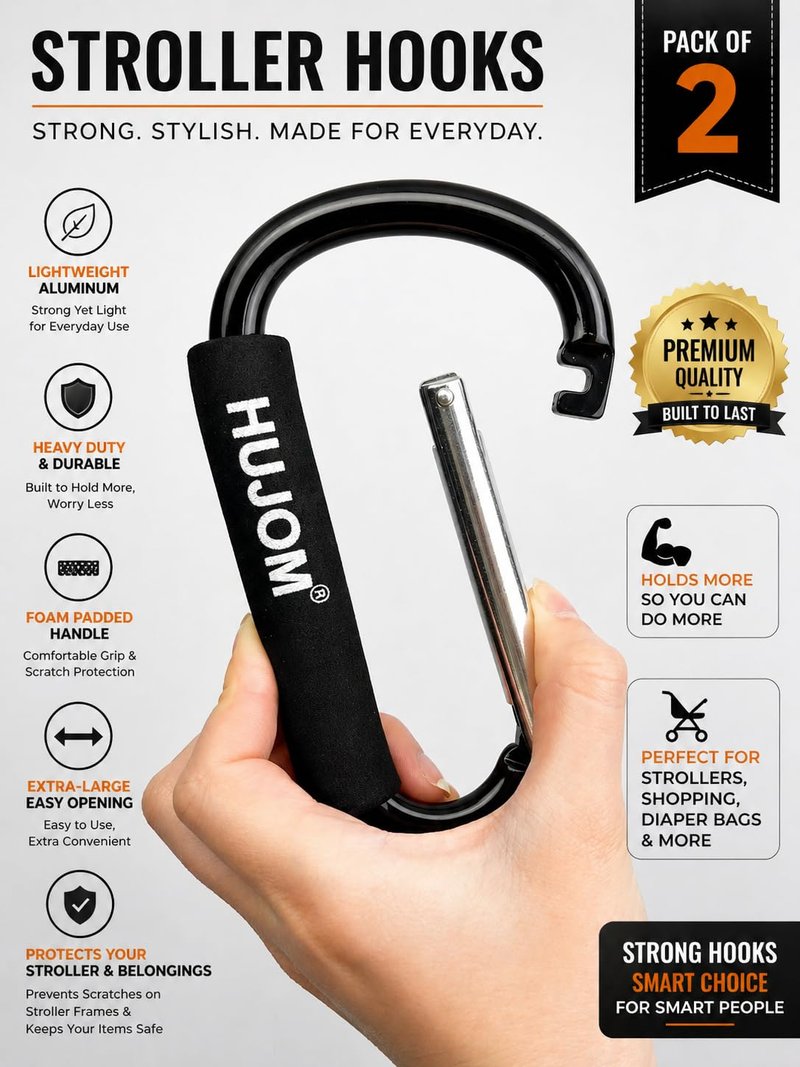 Stroller Hooks 2 Pack Heavy Duty Large Carabiner Clips for Bags & Baby Gear