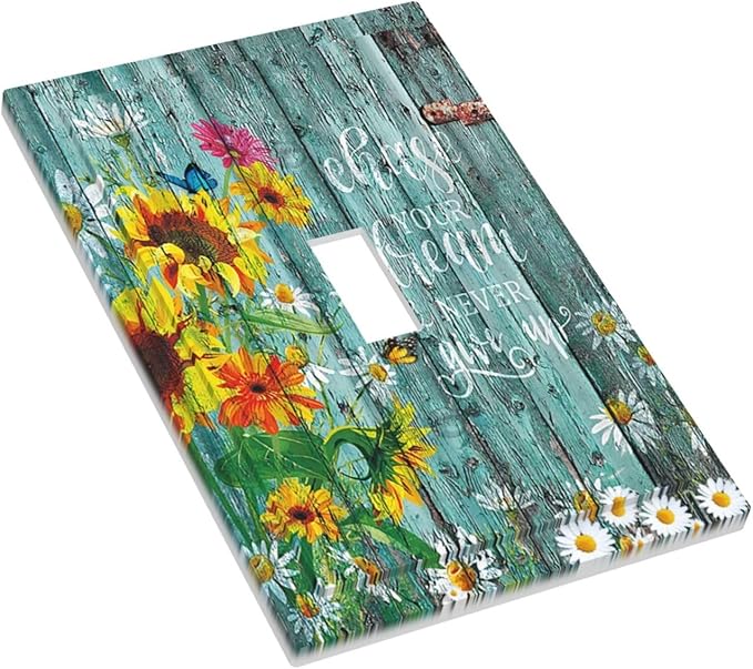 Turquoise Rustic Vintage Wood Planks Sunflower Butterfly Single Toggle Light Switch Plates Cover Decorative 1 Gang Wall Plate Electrica Faceplate for Farmhouse Bathroom Bedroom Decor