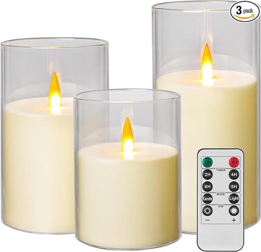 Upinmz Flickering Flameless Candles with Remote and Timer，Battery Operated Acrylic LED Pillar Candles ，for Christmas Decorations Home Decorations ，Set of 3