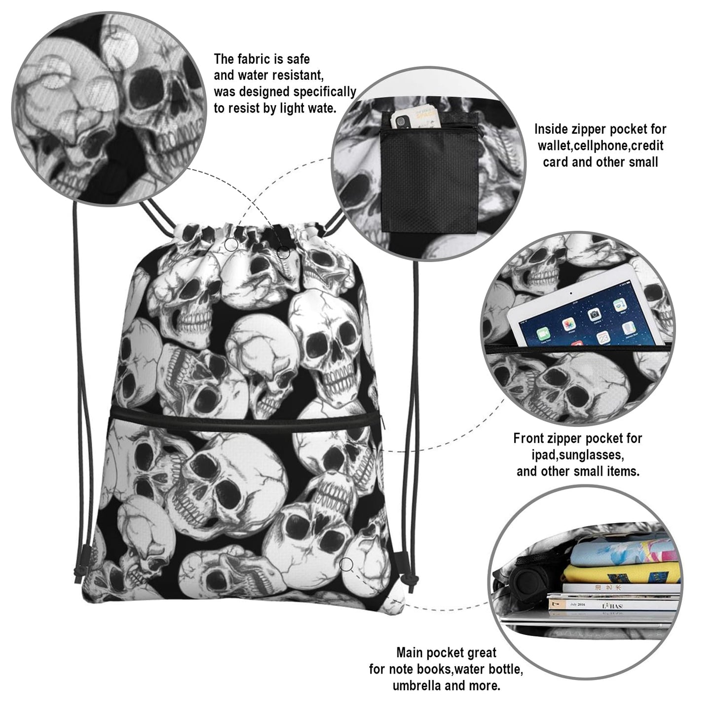 Halloween Goth Skull Drawstring Backpack, Gothic Black White Skeleton Drawstring Bag, Waterproof Durable String Sackpack, Large Capacity Cinch Sackpack for Yoga Sport Beach Gym Shopping