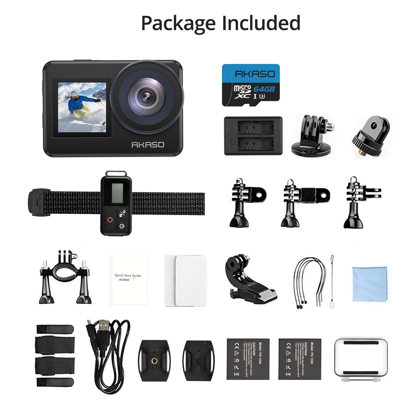 AKASO Brave 7 Action Camera 4K30FPS 20MP with 64GB U3 MicroSDXC Memory Card, Waterproof Camera with Touch Screen IPX8 33FT EIS 2.0 Zoom Support External Mic Voice Control with 2X 1350mAh Batteries