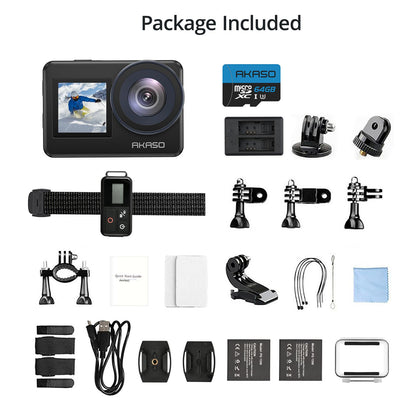 AKASO Brave 7 Action Camera 4K30FPS 20MP with 64GB U3 MicroSDXC Memory Card, Waterproof Camera with Touch Screen IPX8 33FT EIS 2.0 Zoom Support External Mic Voice Control with 2X 1350mAh Batteries