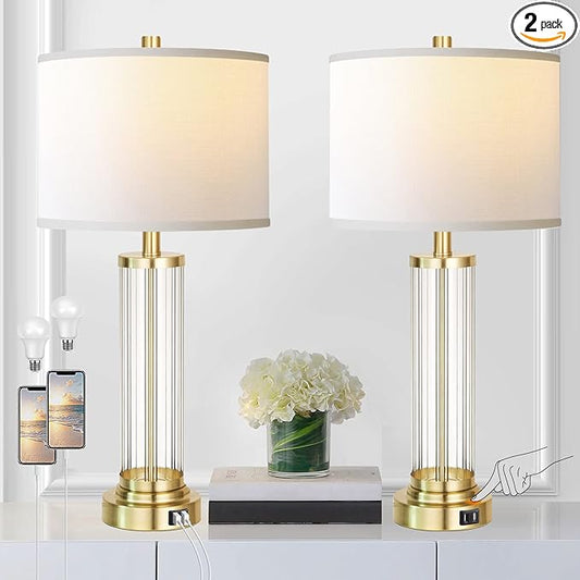 QiMH Touch Control Table Lamp Set of 2 with USB Ports, 3-Way Dimmable Nightstand Lamp with Fabric Cream Shade, Modern Bedside Lamp for Living Room Bedroom Reading, LED Bulbs Included