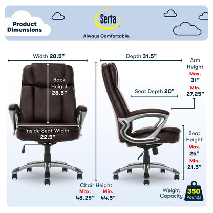Serta Fairbanks Big and Tall High Back Executive Office Chair, Ergonomic Gaming Computer Chair with Layered Body Pillows, Contoured Lumbar Zone, Brown