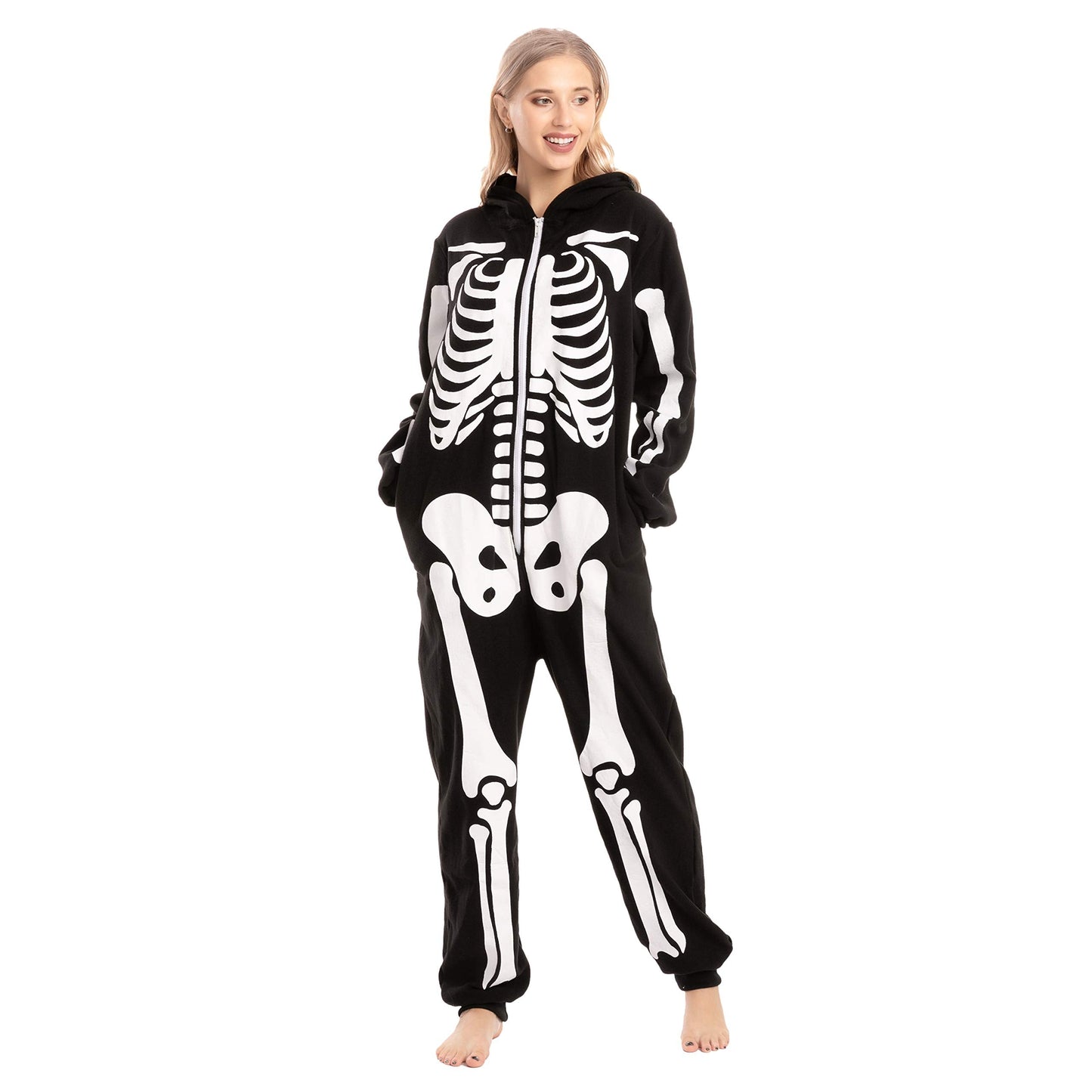 Spooktacular Creations Halloween Skeleton Pajama, Adult Skeleton Costume, Unisex Adult Jumpsuit Plush Hoodie, One-piece Zipper Pajama for Men Women Halloween Dress-up Cosplay Costume Themed Parties