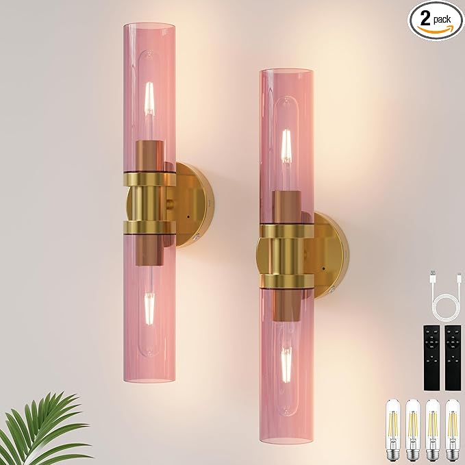 Rechargeable Battery Wall Sconce Set of Two, 8000mAh Cordless, Dimmable, Timer, Remote, Touch Control, USB-C Charging for Living Room, Bedroom Gold with Wine Red Lampshade (Include 4 Special Bulbs)