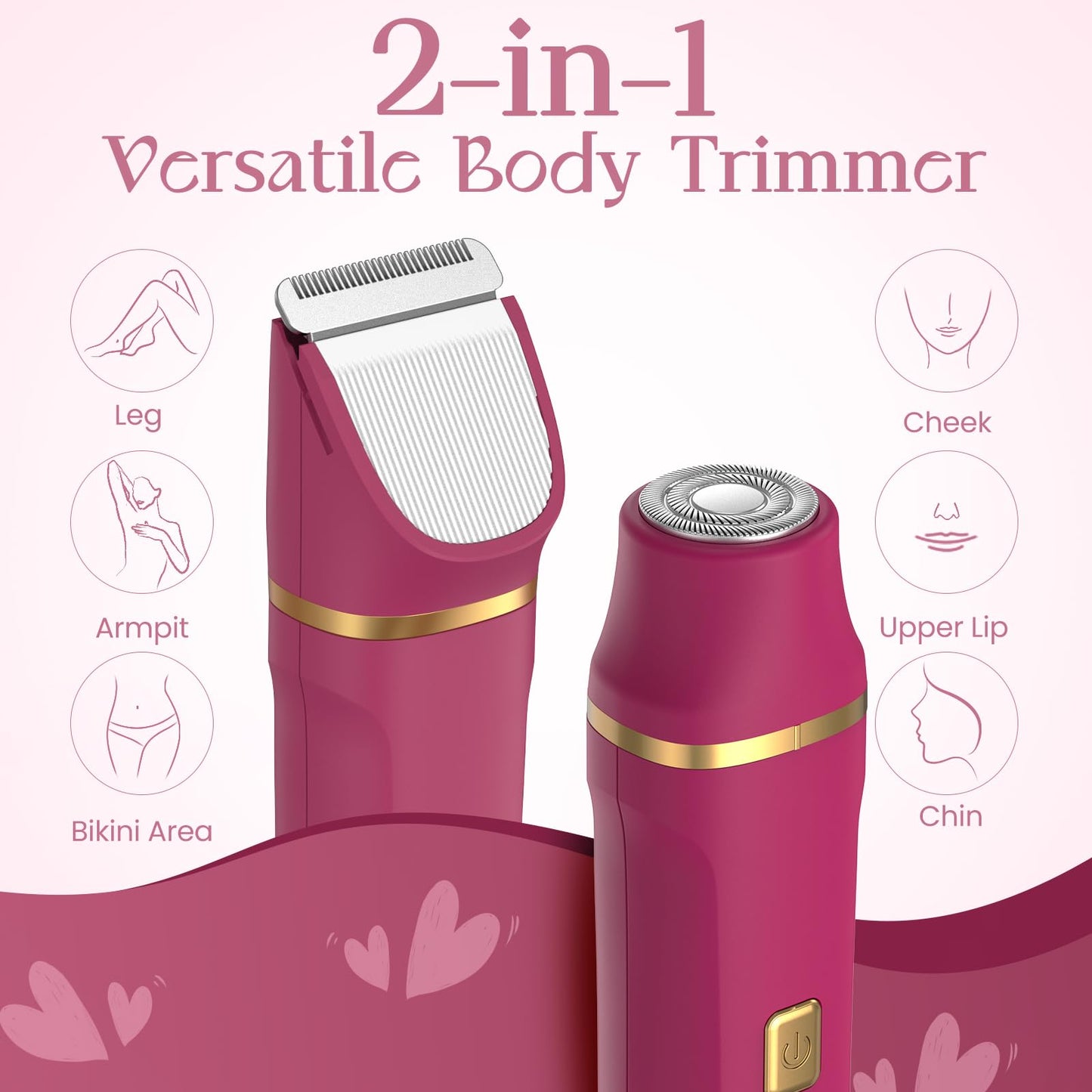 Bikini Trimmer for Women - Painless Electric Razors for Silk Skin,Cordless Body Shaver for Trip,Replaceable Lady Facial Razor, IPX7 Waterproof&Easy Cleaning, Ceramic Blade, USB Charge Dock Pink