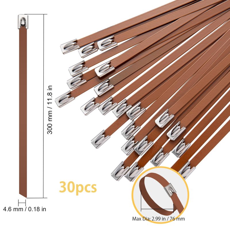 SCITOOLS Metal Zip Ties Brown 11.8-Inch 304 Stainless Steel Zip Ties Heavy Duty, 270LBS Tensile Strength, Wire Multifunctional Locking Exhaust Wrap Flexible Durable 30 PCS