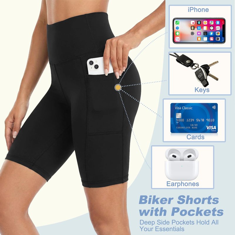 Purplepig 3 Pack Women's Black Biker Shorts with Pockets, 8" High Waisted Tummy Control Buttery Soft Workout Shorts for Yoga Running Gym Volleyball