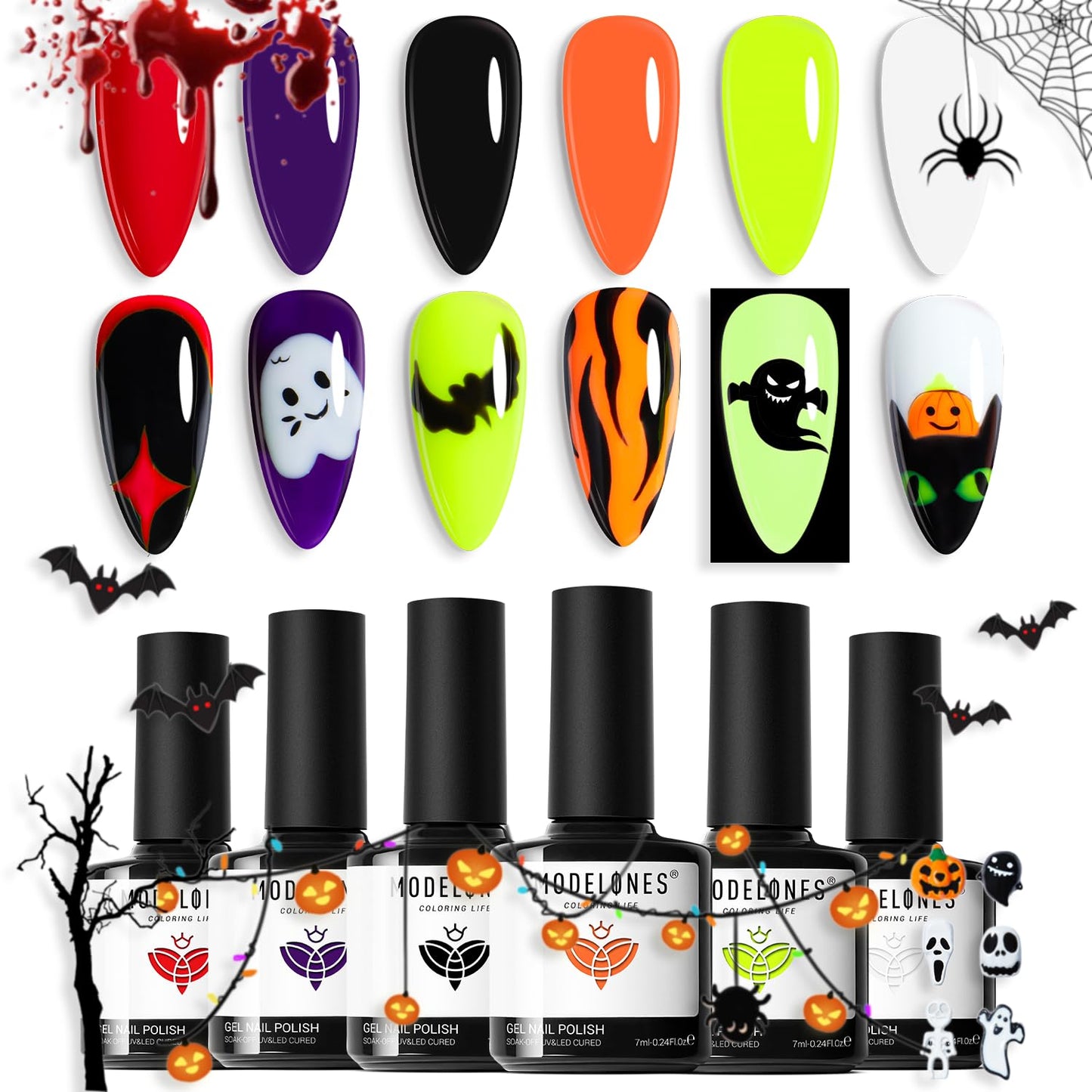 modelones Gel Nail Polish Set 6 Colors 2025 Halloween Hocus Pocus Collection Glow in the Dark Neon Green Orange Purple Red Black Gel Polish Set Fall Soak Off LED Nail Art Kit Gift with Nail Stikers