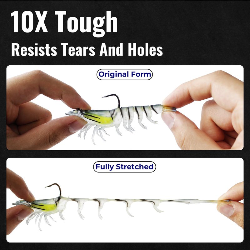CASTSTRIKE 3Pcs Shrimp Fishing Lures for Saltwater and Freshwater Soft Bait Pre-Rigged Glow Eyes Lifelike Silicone Prawn Jig for Bass Trout Redfish Flounder Crappie Snook Walleye Fishing (3.5 in 3pcs)