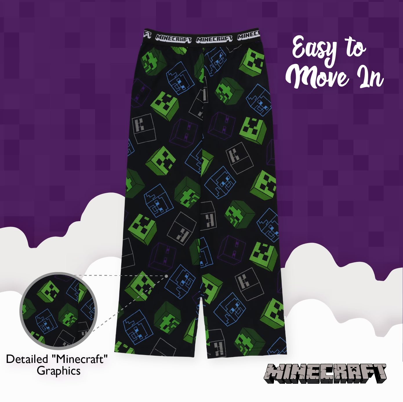 Minecraft boys Pajama Bottom, Night Scene, Medium US