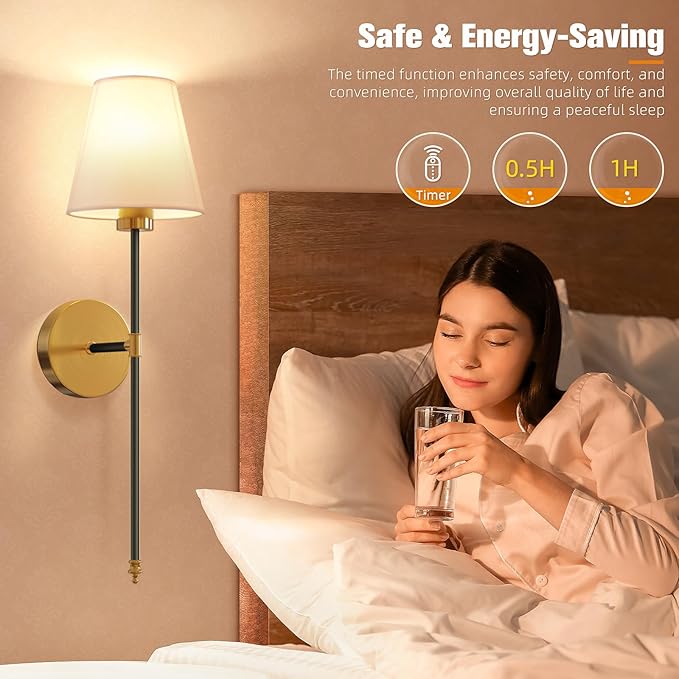 NIORSUN Battery Operated Wall Sconce Set of 2,Black-Gold Rechargeable Wall Lights with 5200mAh Dimmable Bulbs and Remote,10 Colors Wireless Wall Lamps for Bedroom Living Room Hallway Decor