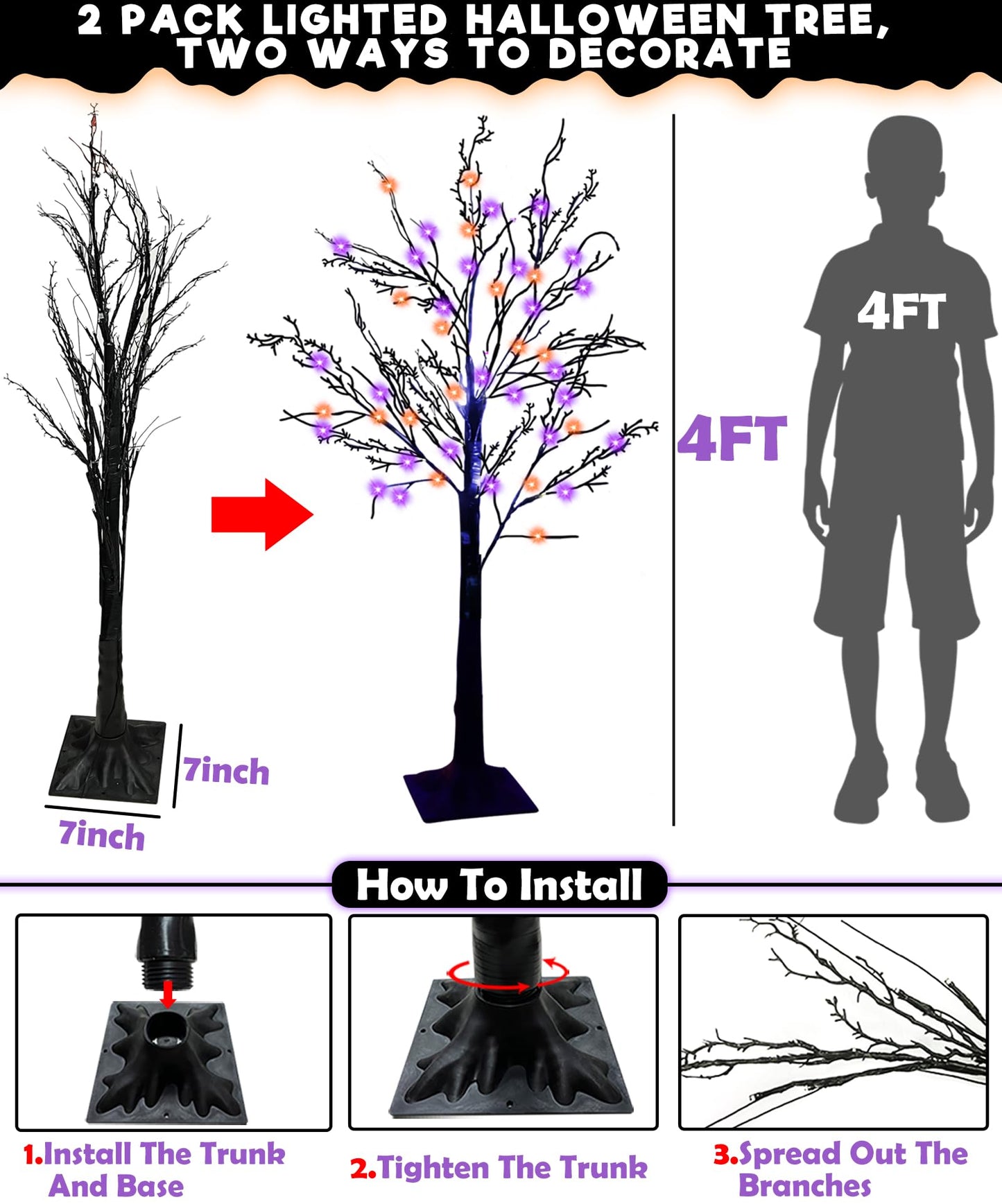 2 Pack & Timer - 4 Ft Lighted Black Halloween Tree with 48 LED Orange & Purple Lights, Spooky Artificial Black Trees for Halloween Decorations Outdoor Indoor Home Yard Party Decor