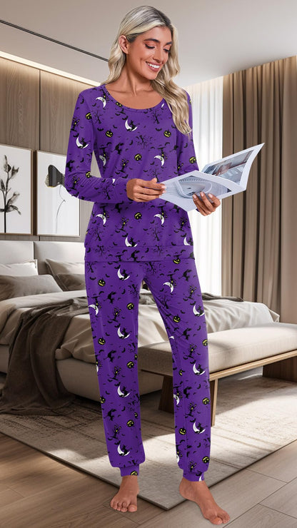 HOTGIFT Womens Pajamas Sets, 2 Piece Lounge Pjs Set Long Sleeve Long Pant Ladies Sleepwear with Pockets Halloween Purple Medium