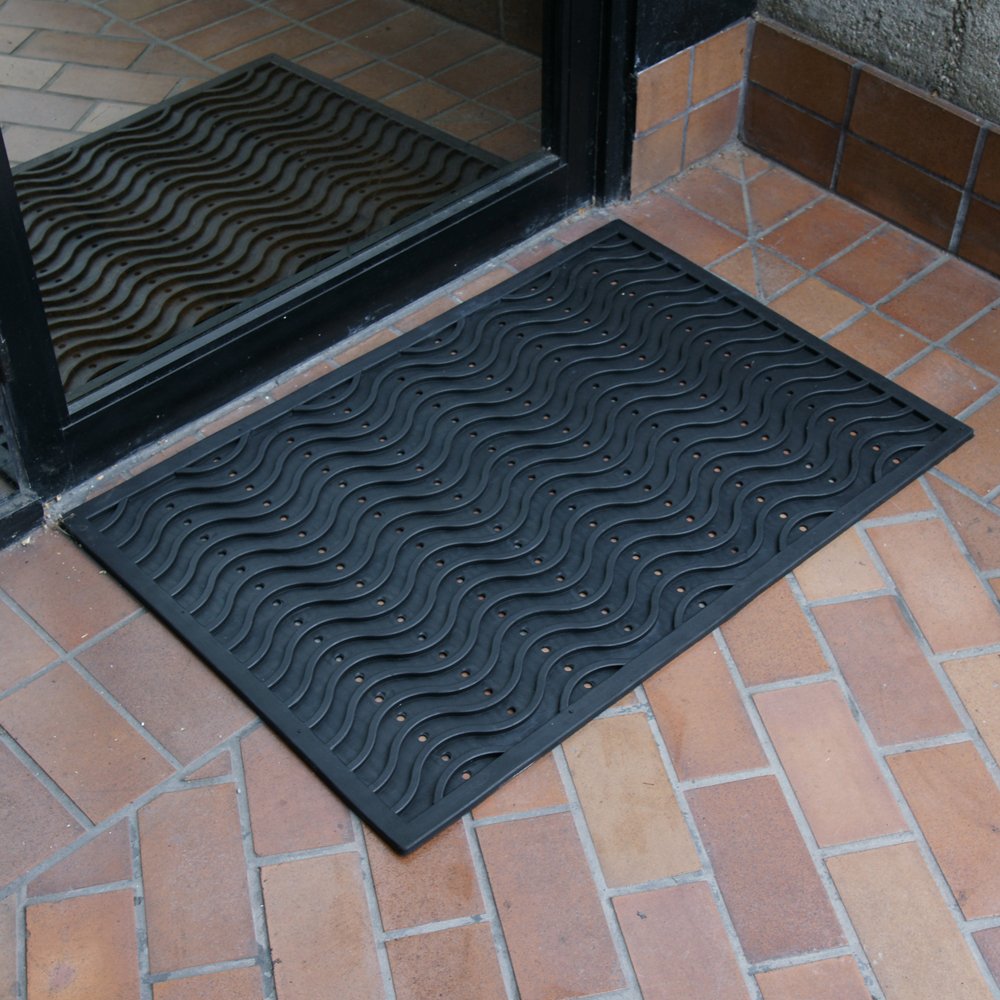 Rubber-Cal 03-237-WA "Dura-Scraper Wave" Commercial Entrance Rubber Mat, 3/8" Thick x 24" x 36", Black