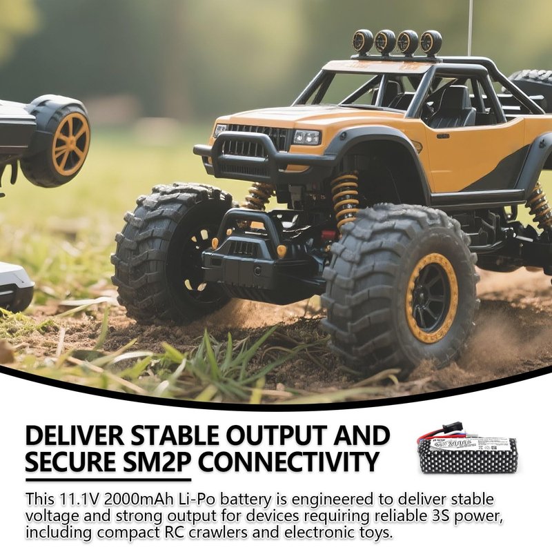 elxjarpower (4-Pack) 11.1V 2000mAh Li-Po Rechargeable Battery with SM2P Plug & USB Cable, Compatible with WPL RES V-3 ESC 1/16 RC Crawler, 501855 Soft-Gun & Water-Gun Toys