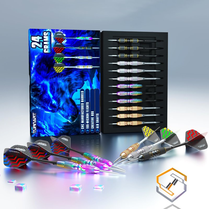 Turnart Darts Metal Tip Set - Steel Tip Darts Darts Set Professional Metal Darts 12 pcs 22/24 Grams Pro Dart Set with Stylish Case Aluminum Shafts Extra 9 Flights