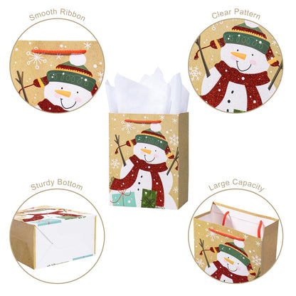 Loveinside Christmas Gift Bags Set, Glitter Foil Santa, Penguin, Snowman & Polar Bear Design, Medium Size Bags with Handle, Tissue Paper for Christmas Gifts & Party Favors, 4 Pack, 7" X 4" X 9"
