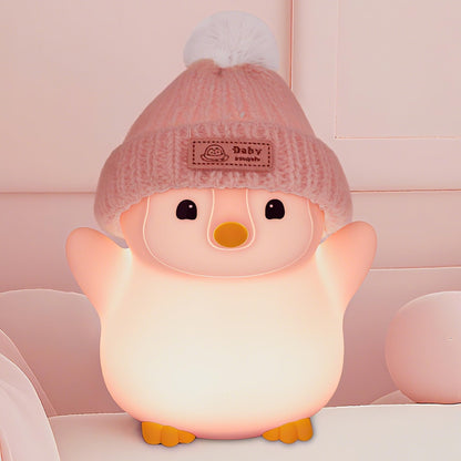 FAMIDUO Penguin Night Light, Cute Pink Penguin Lamp with Knit Hat, Soft Silicone Nursery Nightlight for Baby, Rechargeable/Dimmable/Timer,LED Squishy Novelty Animal Bedside Lamp,Funny Gifts for Kids