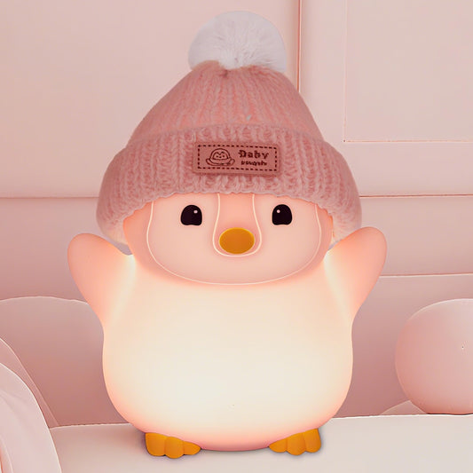 FAMIDUO Penguin Night Light, Cute Pink Penguin Lamp with Knit Hat, Soft Silicone Nursery Nightlight for Baby, Rechargeable/Dimmable/Timer,LED Squishy Novelty Animal Bedside Lamp,Funny Gifts for Kids