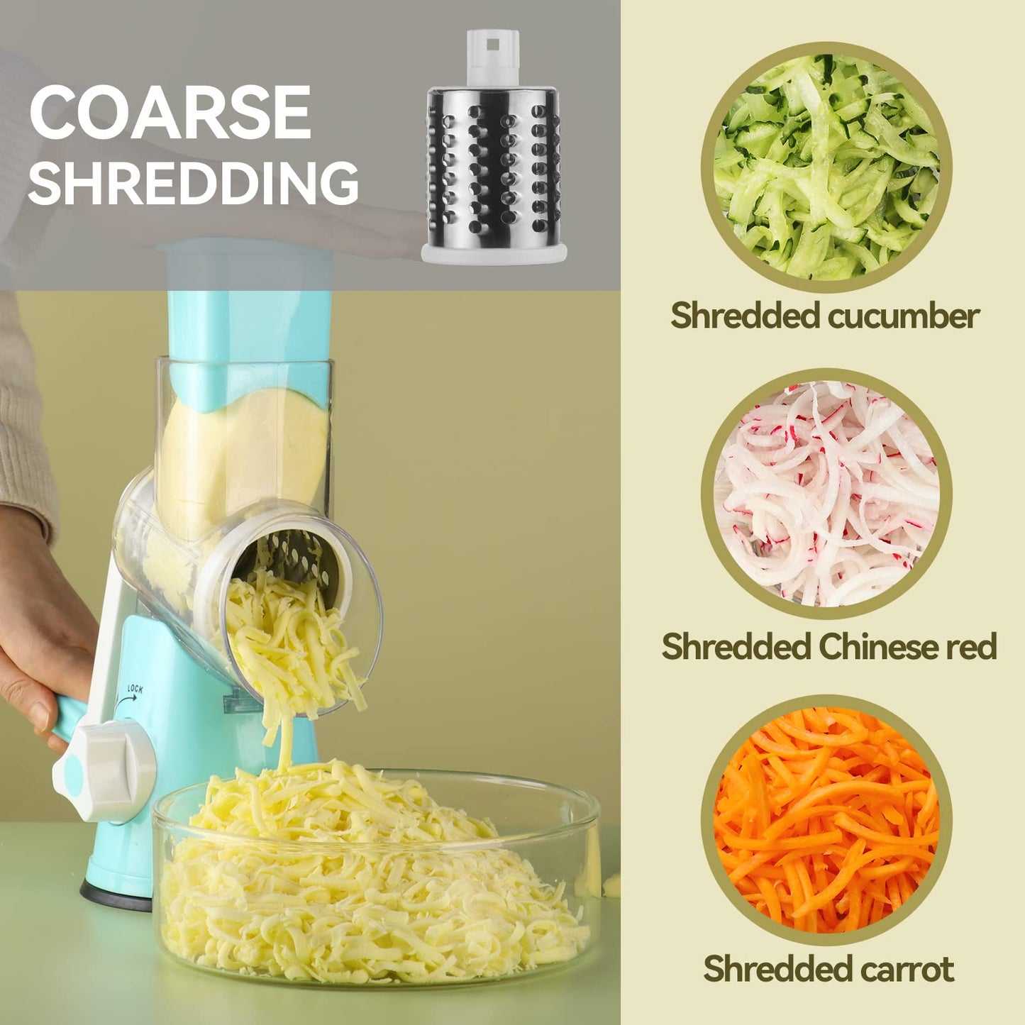 EDEFISY Cheese Grater Hand Crank - 3-in-1 Stainless Steel Rotary Grater & Shredder for Cheese, Vegetables, Nuts, Chocolate - Easy Crank Manual Food Grinder with Drum Slicer (Blue)