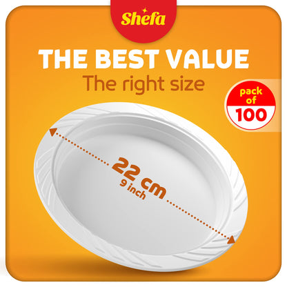 Shefa 100 White Plates, Reusable & Washable, Heavy Duty Dinnerware, Microwave-Safe Crockery - Ideal for Birthday, Parties, Camping, Catering (9 inch Plates, White)