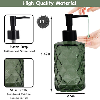 Green Glass Soap Dispenser with Black Plastic Pump, 12oz Refillable Liquid Hand Soap Dispenser, 2 Pack Crystal Lotion Bottle for Modern Home Decor, Bathroom, Kitchen Countertop, Hotel