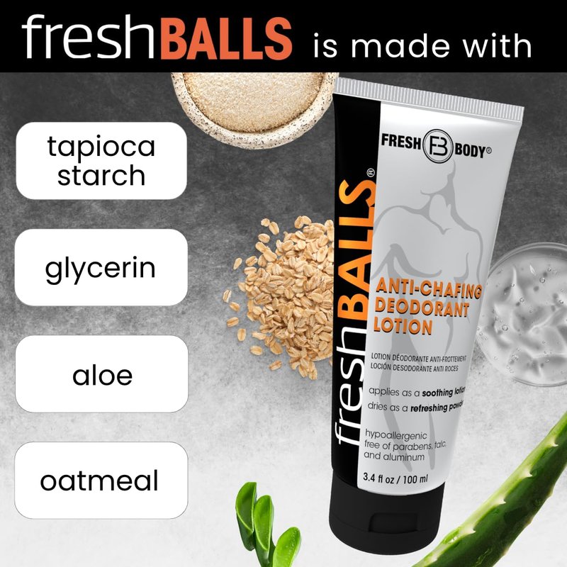 FRESH BALLS Lotion Anti-Chafing Cream Ball Deodorant for Men - Men's Anti-Chafe Lotion to Powder & Hygiene for Groin Area - Aluminum-Free, Talc-Free, 3.4 oz