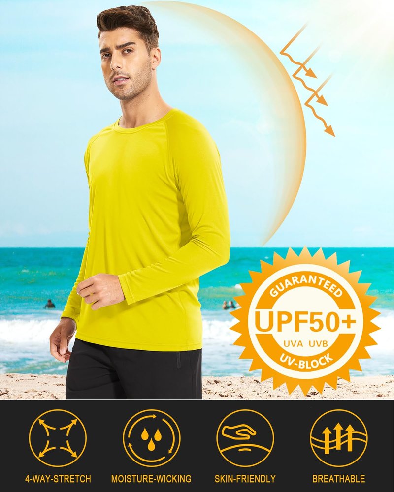 Rash Guard Men Long Sleeve Sun Protection Shirt Men Athletic T-Shirt Running Shirts UV Shirts for Men Sun T-Shirt Yellow