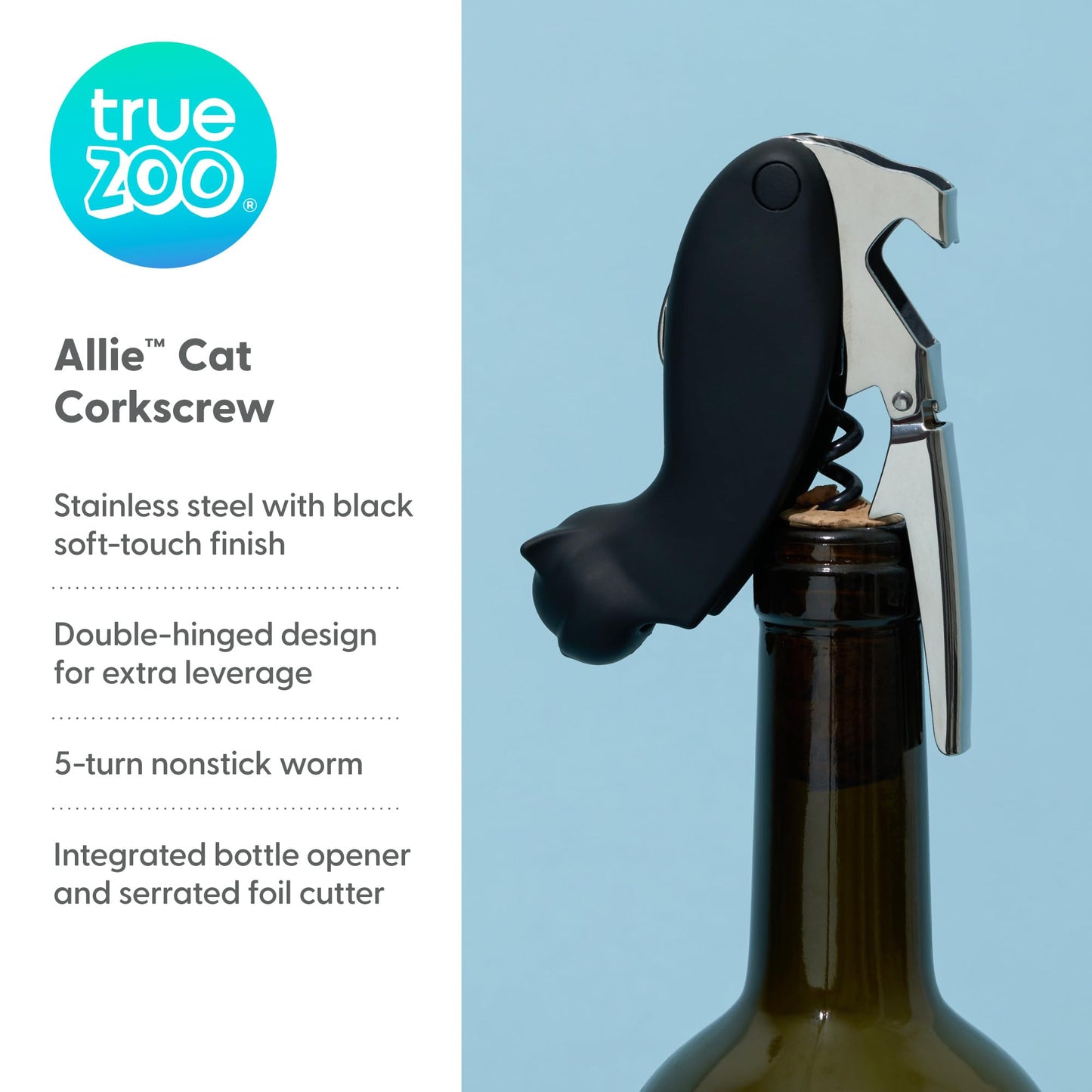 TrueZoo Allie Cat Double Hinged Corkscrew, Novelty Wine Key, Waiter’s Corkscrew Bottle Opener