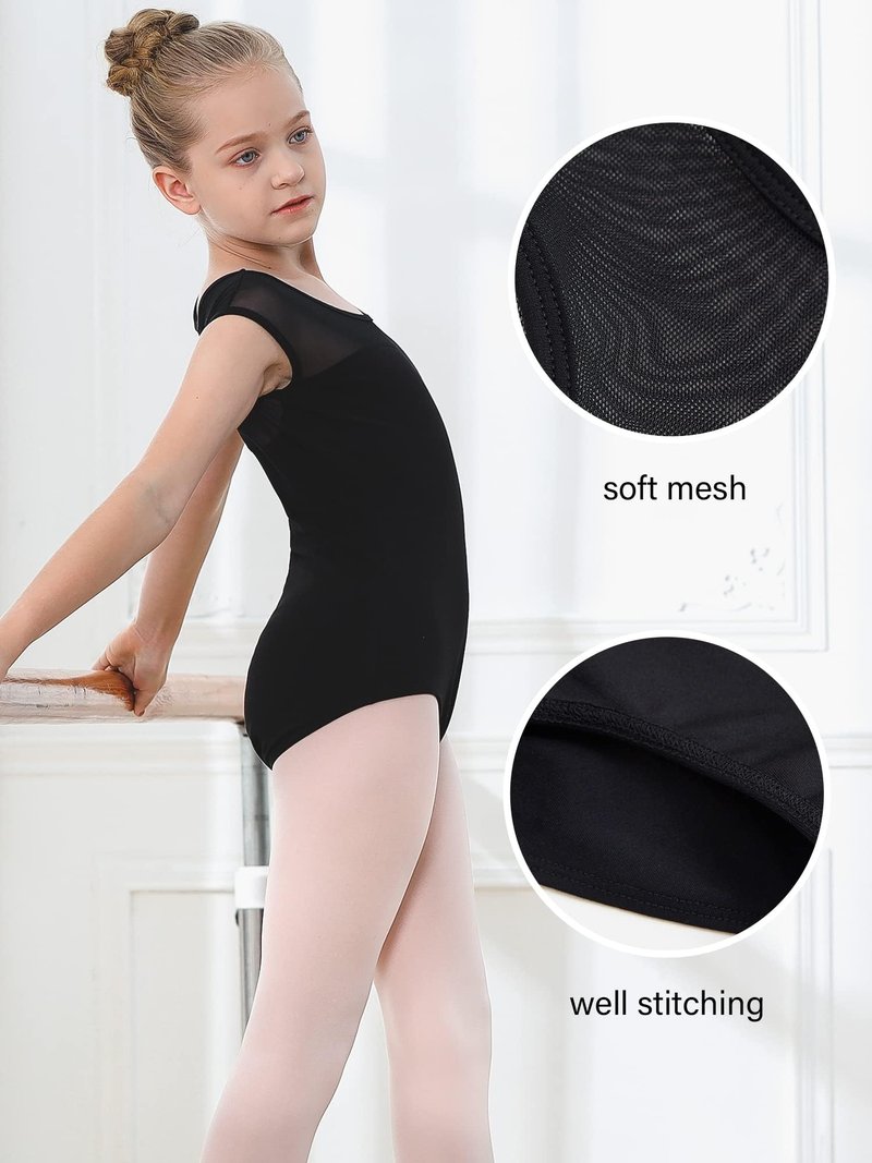 Stelle Black Leotards for Girls Ballet Dance Leotard Mesh Short Sleeve Gymnastics Outfits(Black,90)
