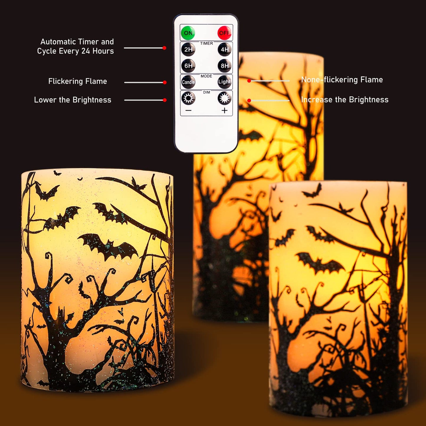 FLAVCHARM Halloween Decor Flameless Candles Set of 3 Black Spooky Bats Decal Flickering Candles Battery Operated with Remote Real Wax LED Pillar Candles for Halloween Party Horrible Theme Decor