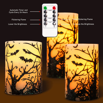 FLAVCHARM Halloween Decor Flameless Candles Set of 3 Black Spooky Bats Decal Flickering Candles Battery Operated with Remote Real Wax LED Pillar Candles for Halloween Party Horrible Theme Decor