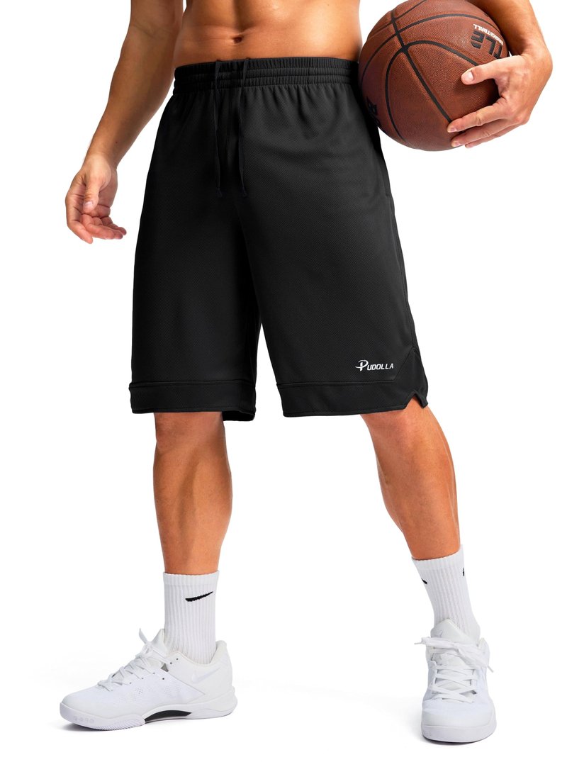 Pudolla Men's Basketball Shorts with Zipper Pockets 11" Long Gym Athletic Shorts for Men Lightweight Quick Dry(Black Medium)