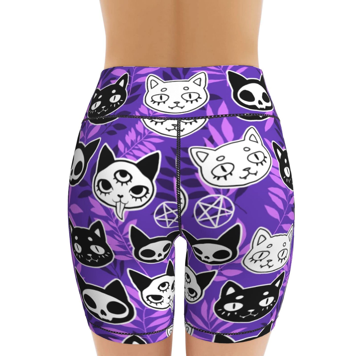 Purple Ghost Cat Witchy Women's High Waist Bike Shorts for Workout Sports Athletic Running Hiking Biker Yoga Gym Medium Size