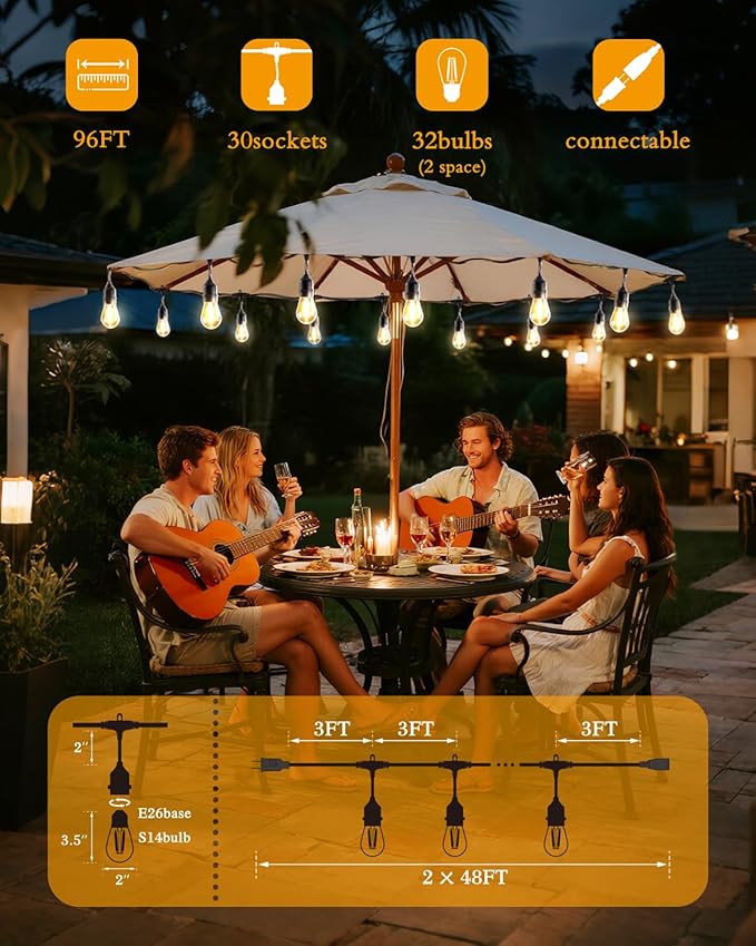 Outdoor String Lights,Super Bright LED - 2 Pack 48FT 15 S14 Bulbs(1 Spare), IP65 Waterproof, Commercial Grade & Shatterproof, Dimmable, UL Listed for Patio, Porch, Backyard, Gazebo