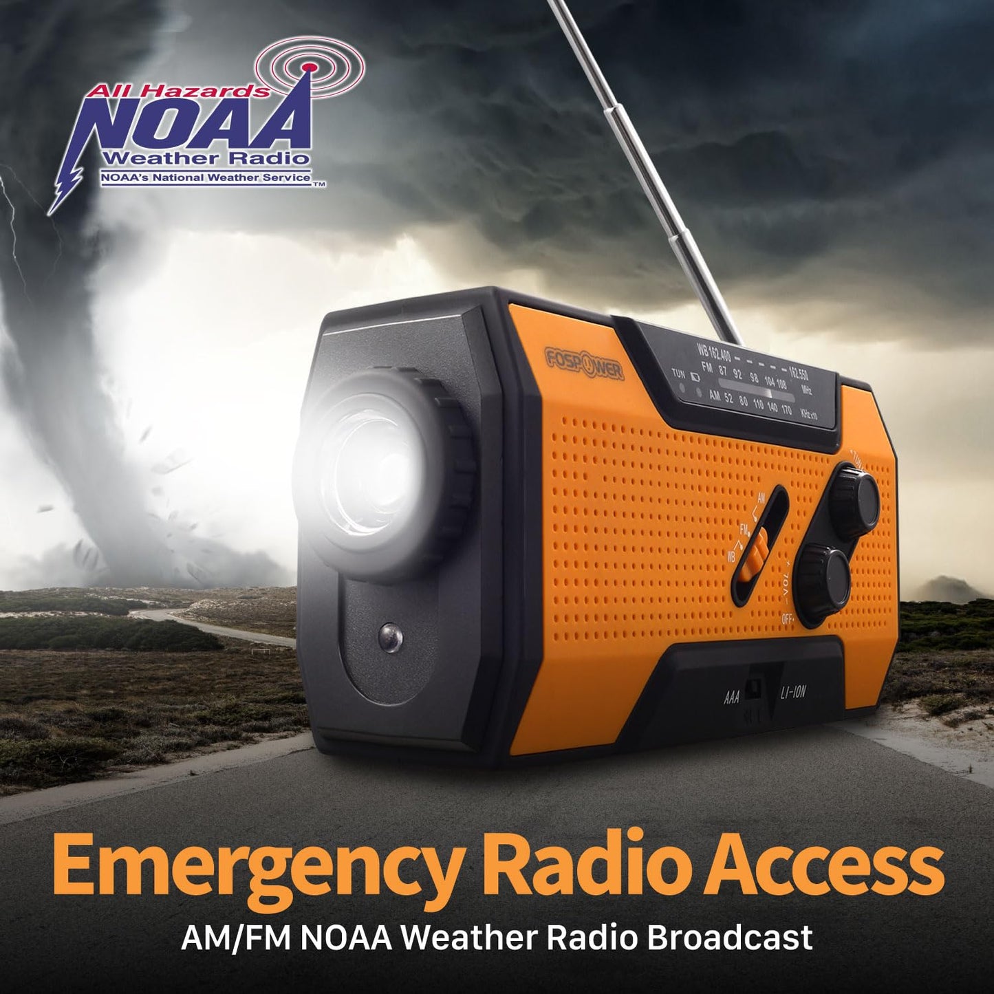 FosPower Emergency Weather Radio (Model A1) NOAA/AM/FM with 7400mWh Portable Power Bank, USB/Solar/Hand Crank Charging, Battery Operated, SOS Alarm & Flashlight for Indoor/Outdoor Emergencies