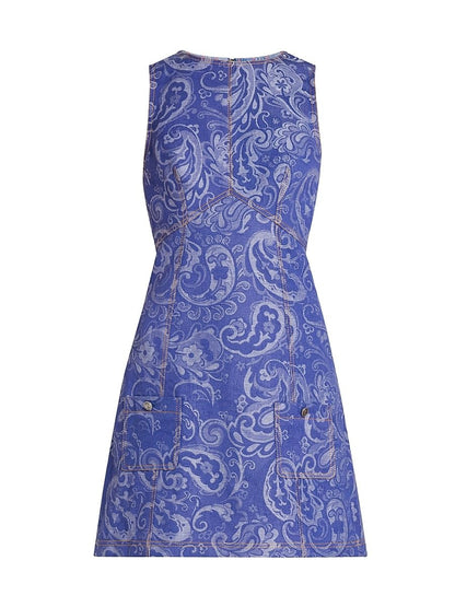Etro, Paisley Sleeveless Denim Sheath Minidress, 36 (0), Multicolor Azure Base